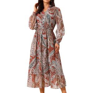 Women's Boho Dress V Neck Long Sleeve Floral Tiered Flowy Midi Dresses Wine Red